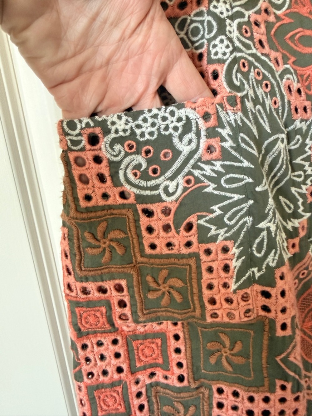 Cotton Blend Midi Skirt in Coral & Olive - Picture 9 of 9